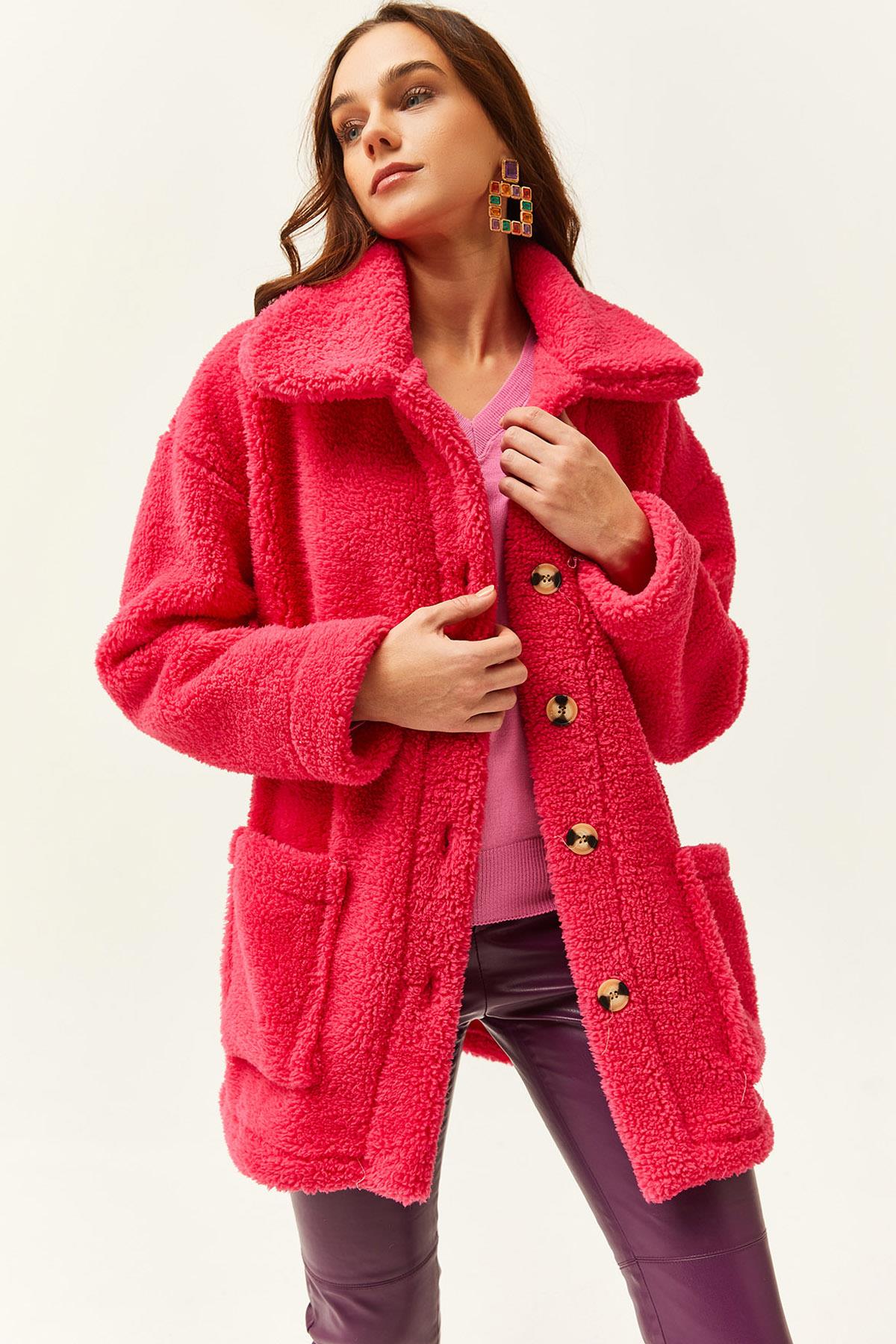 Düğmeli Cepli Astarsız Oversize Peluş Ceket Fuşya