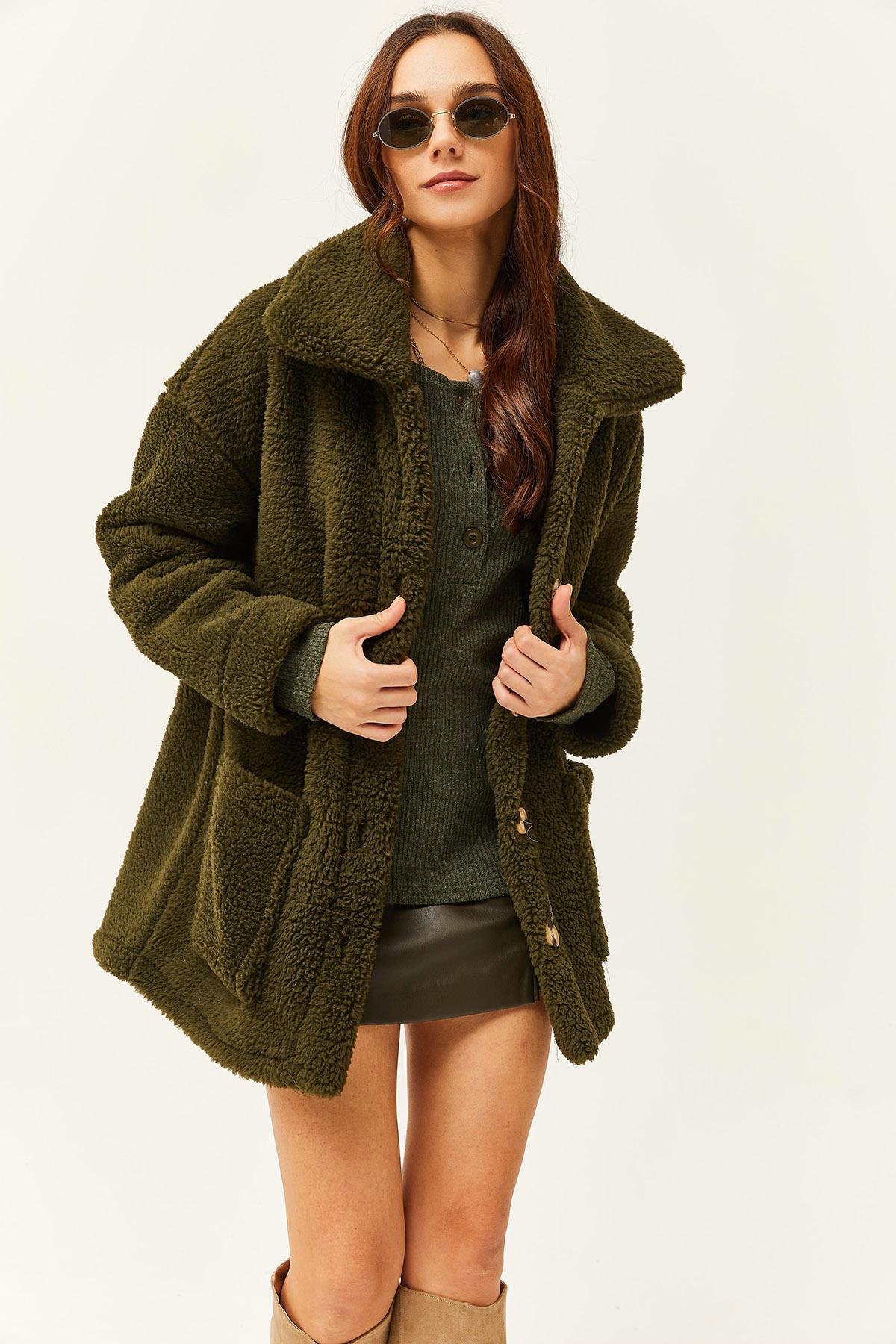Düğmeli Cepli Astarsız Oversize Peluş Ceket Haki