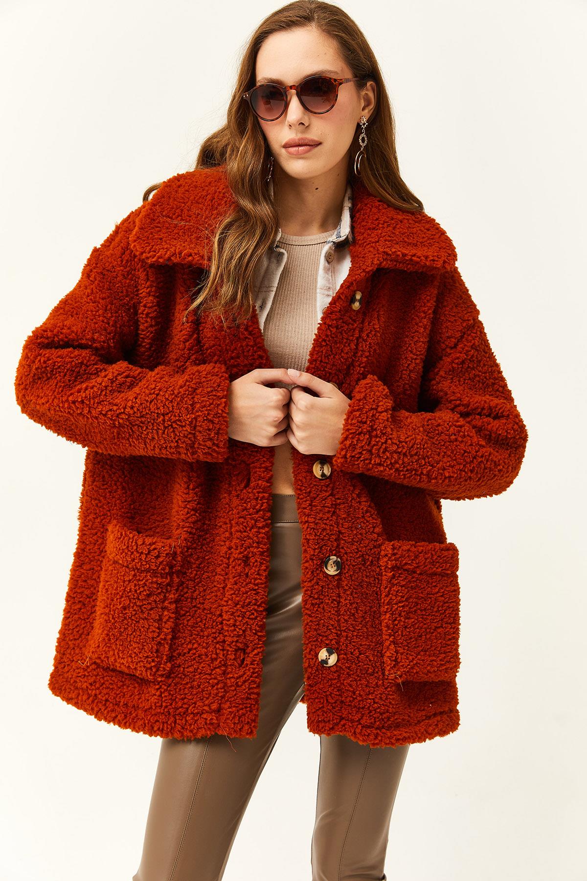 Düğmeli Cepli Astarsız Oversize Peluş Ceket Kiremit