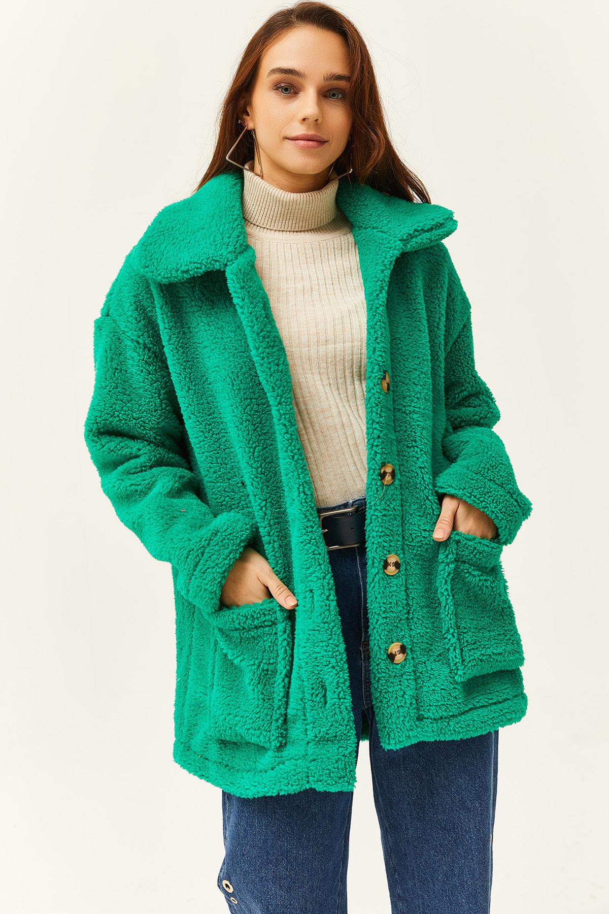 Düğmeli Cepli Astarsız Oversize Peluş Ceket Çimen Yeşili