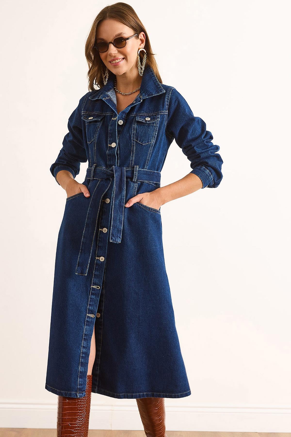 Düğmeli Cepli Uzun Kollu Denim Elbise Lacivert