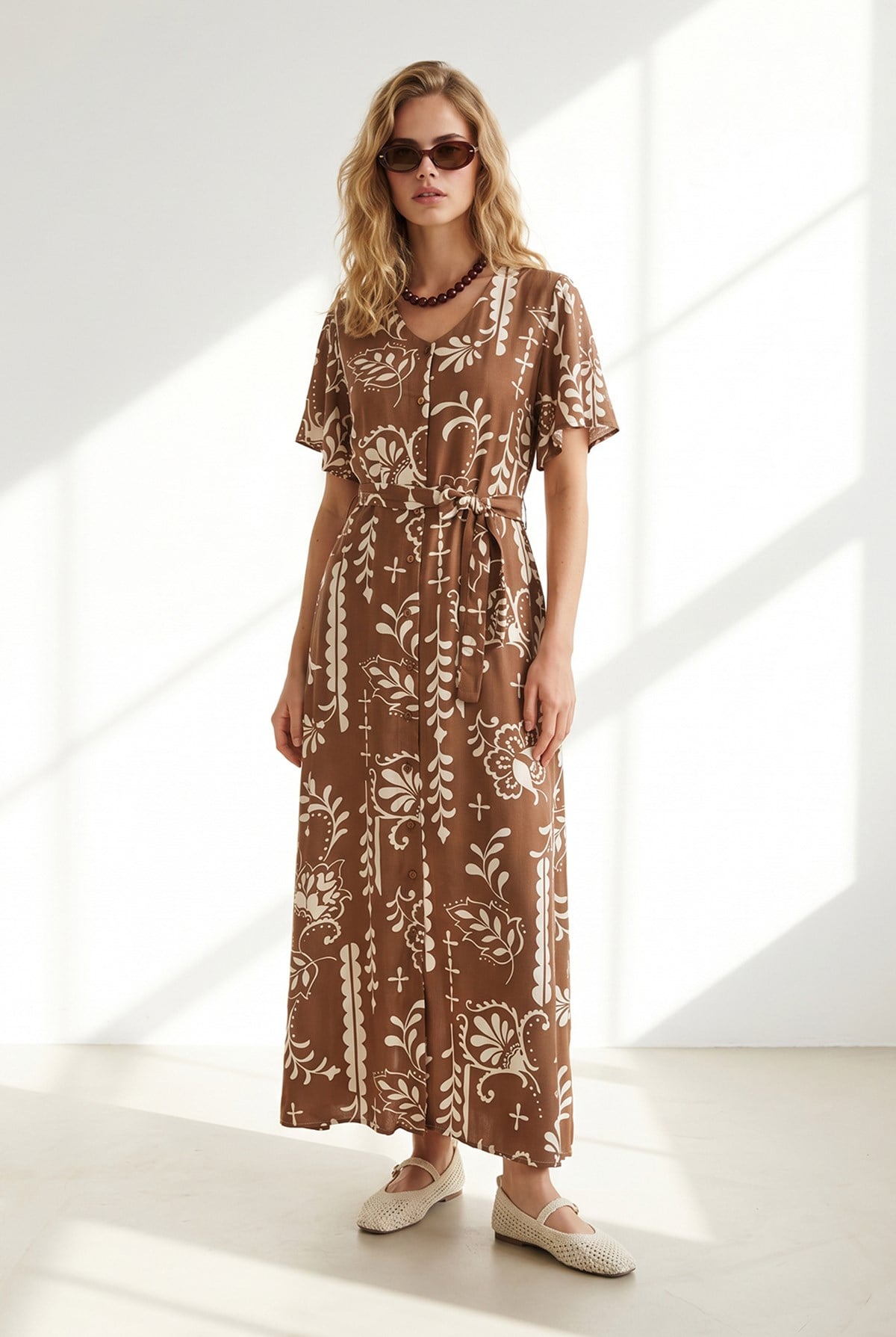 Düğmeli Kuşaklı Maxi Viskon Gömlek Elbise Boho Camel