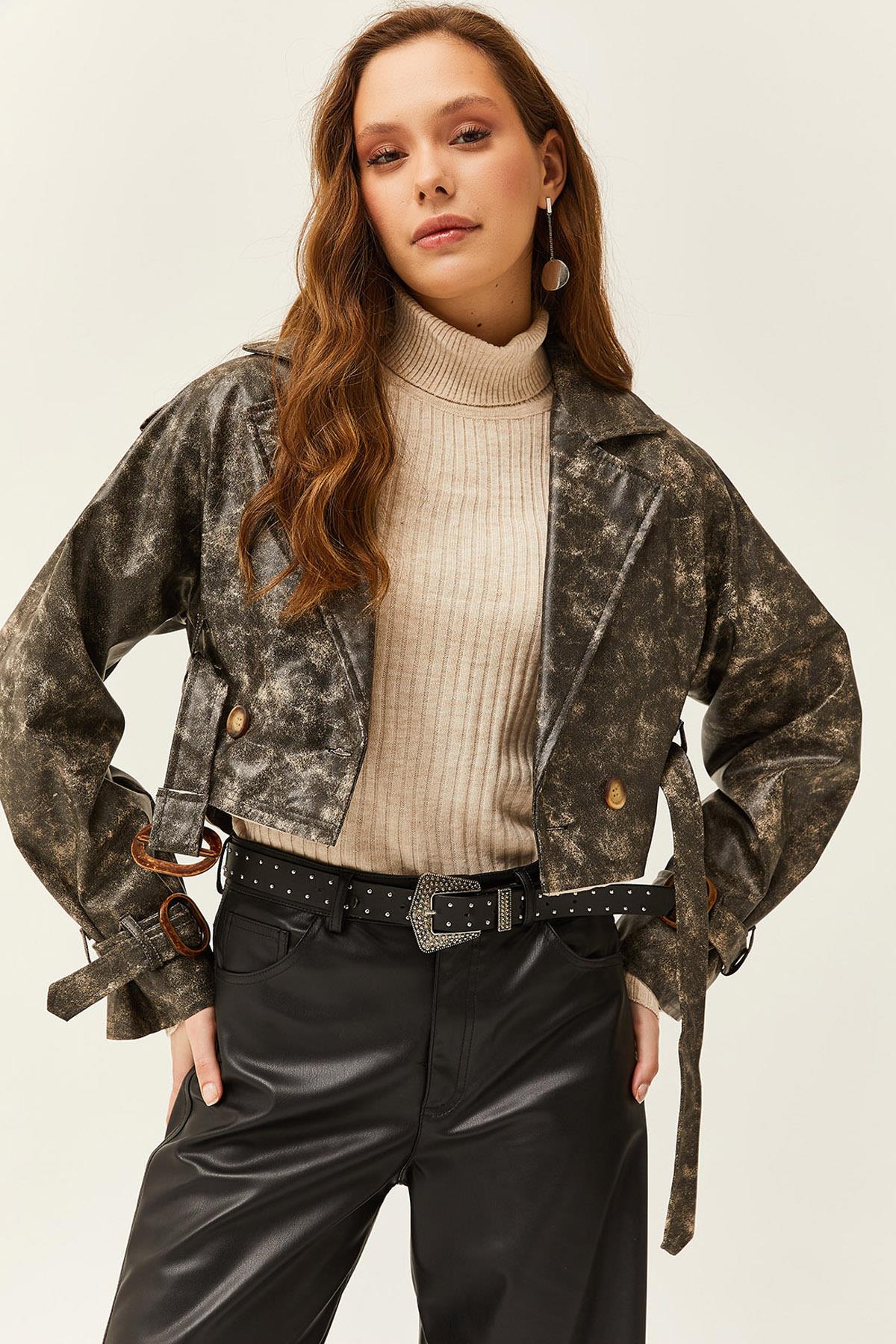 Eskitme Görünümlü Astarlı Suni Deri Ceket Siyah