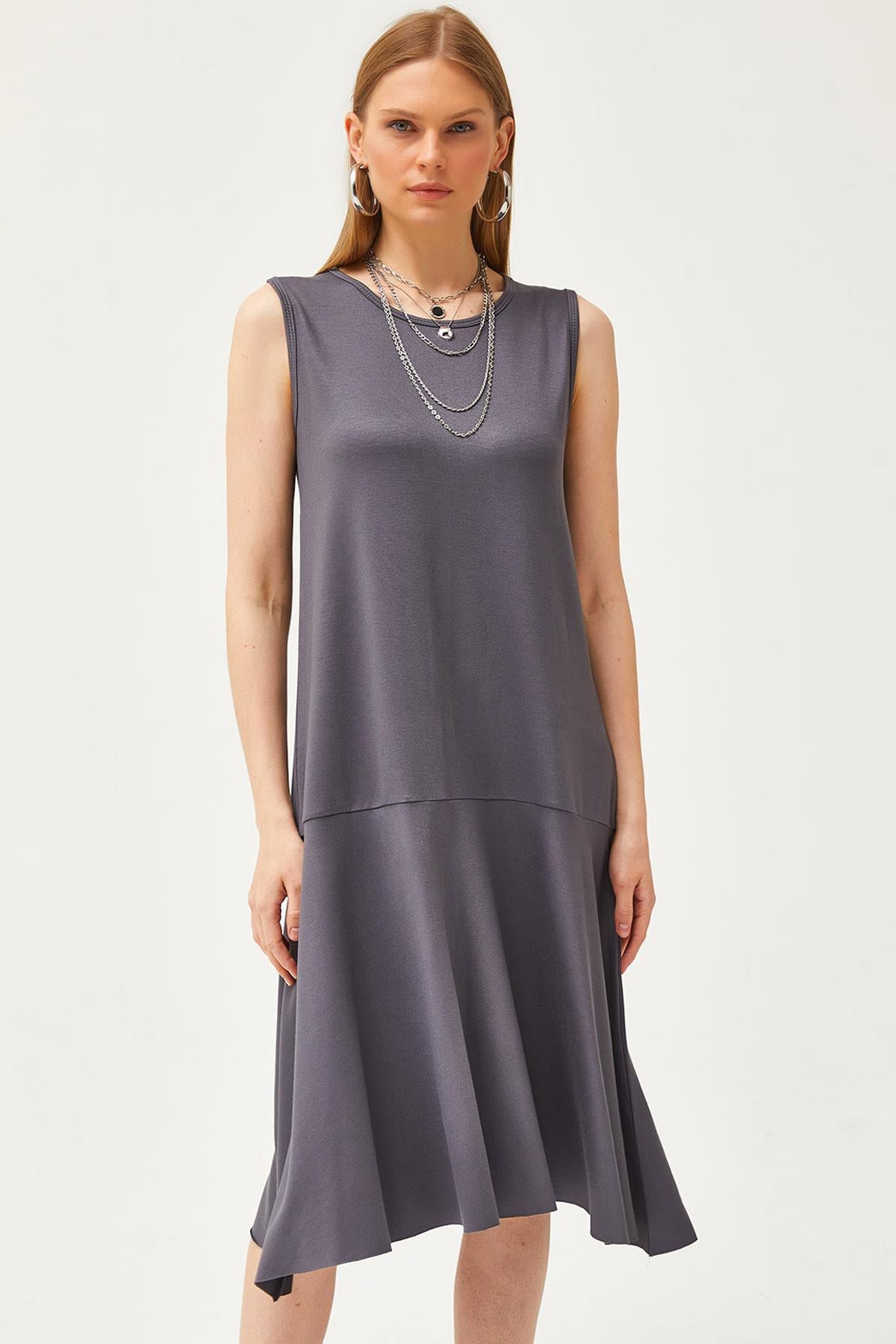 Eteği Parçalı Kristal Örme Elbise Füme