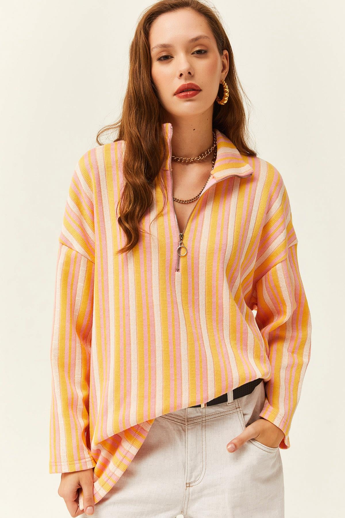 Fermuarlı Oversize Jakarlı Sweatshirt Pembe