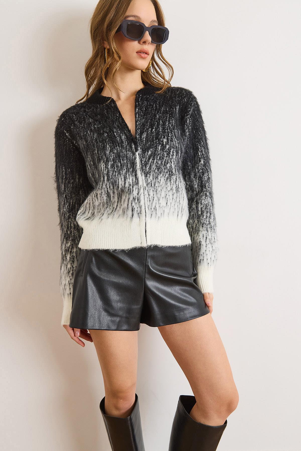 Fermuarlı Şardonlu Crop Triko Hırka Ceket Siyah