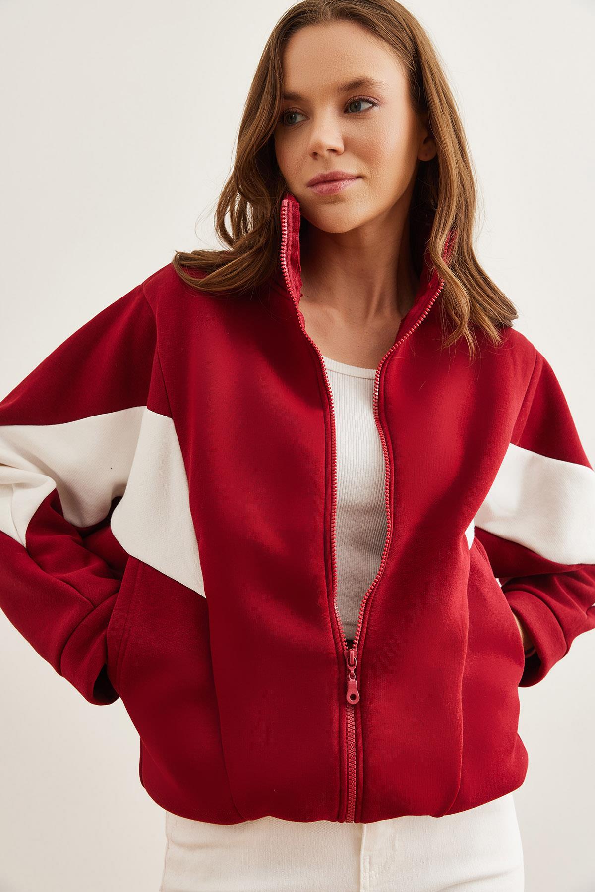Fermuarlı Şardonlu Oversize Bloklu Sweatshirt Bordo