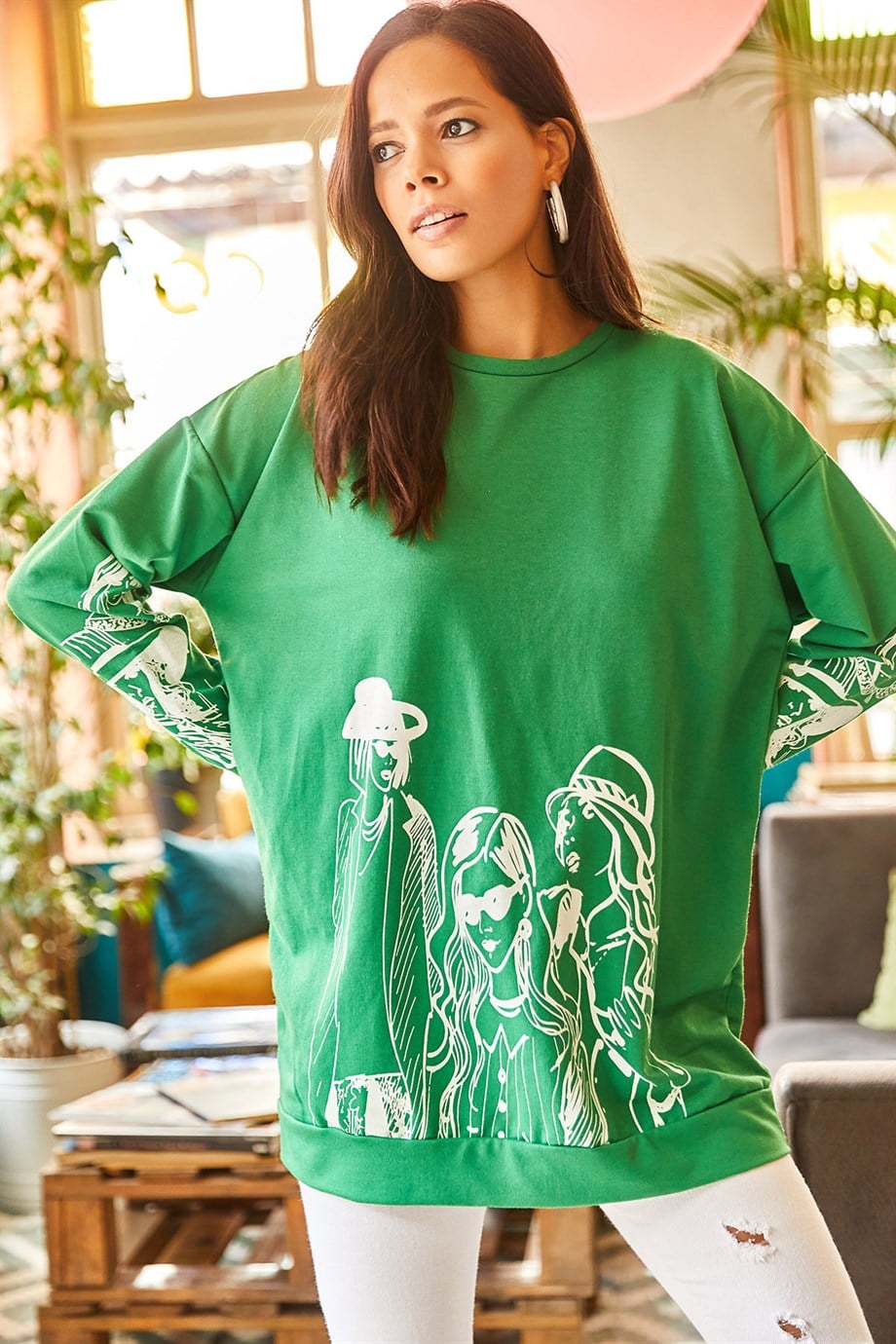 Figürlü Oversize Sweatshirt Çimen Yeşili