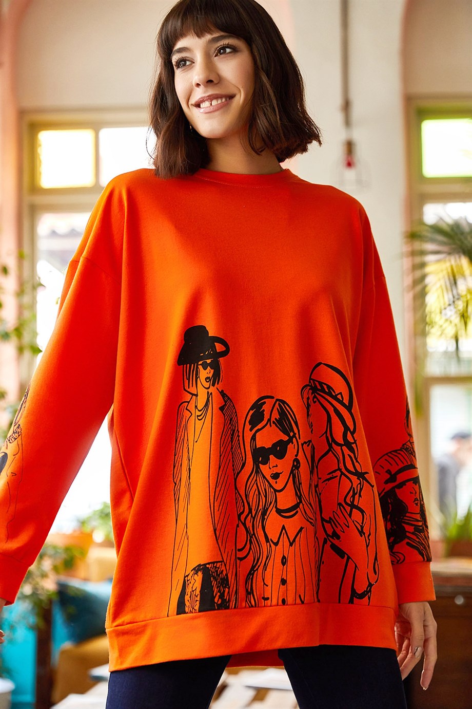 Figürlü Oversize Sweatshirt Turuncu