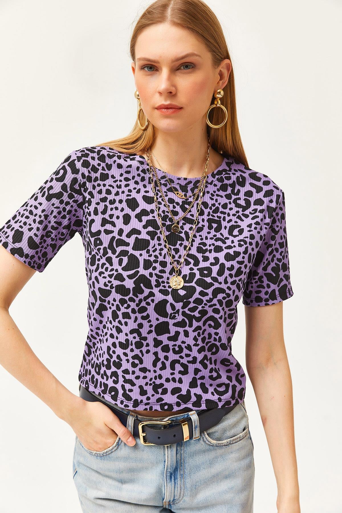 Fitilli Crop Örme Tişört Leopar Lila