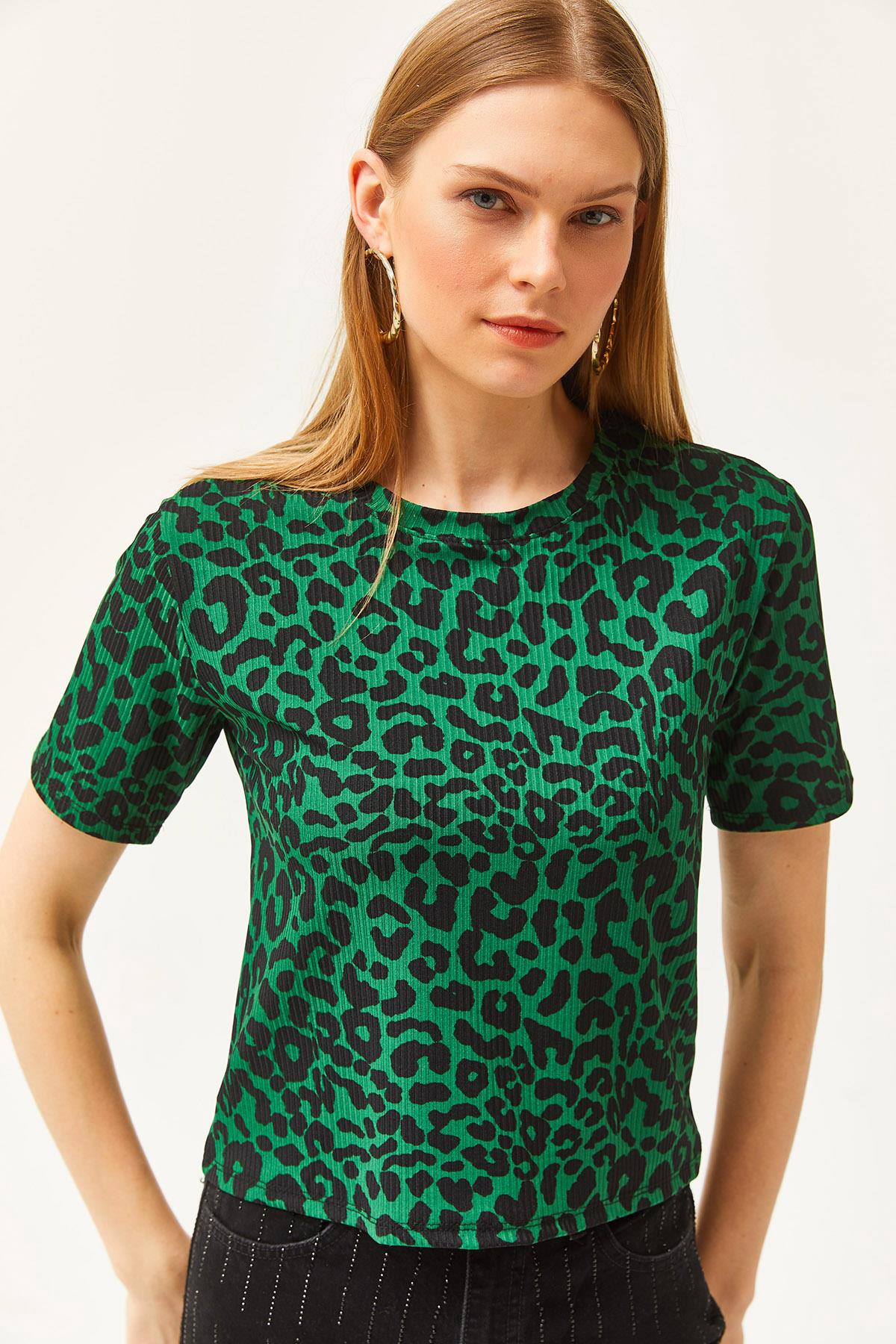 Fitilli Crop Örme Tişört Leopar Zümrüt Yeşili