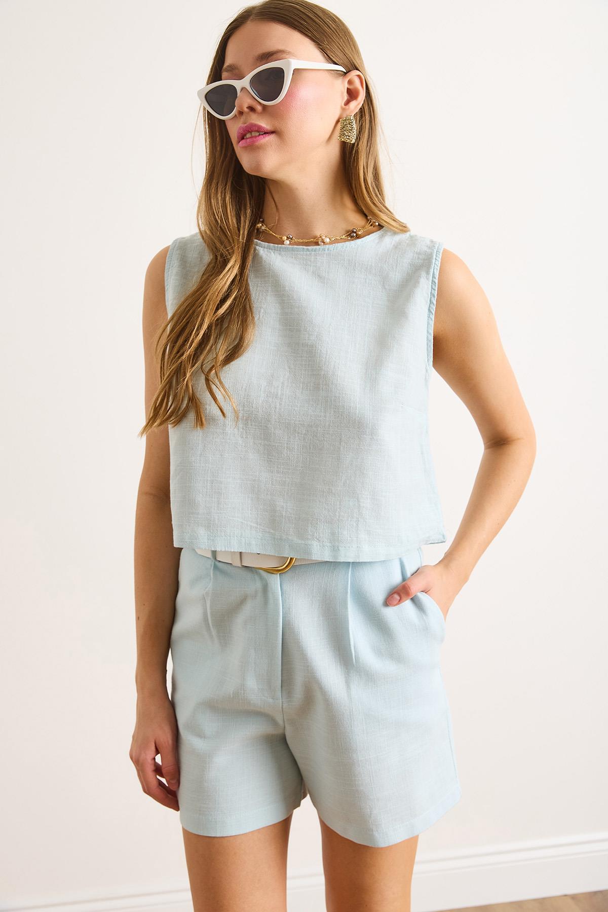 Flam Keten Crop Bluz Bebe Mavi