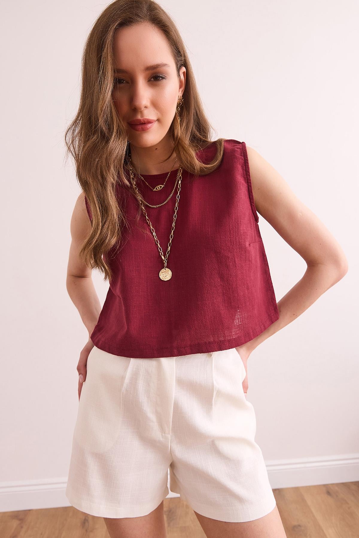 Flam Keten Crop Bluz Bordo