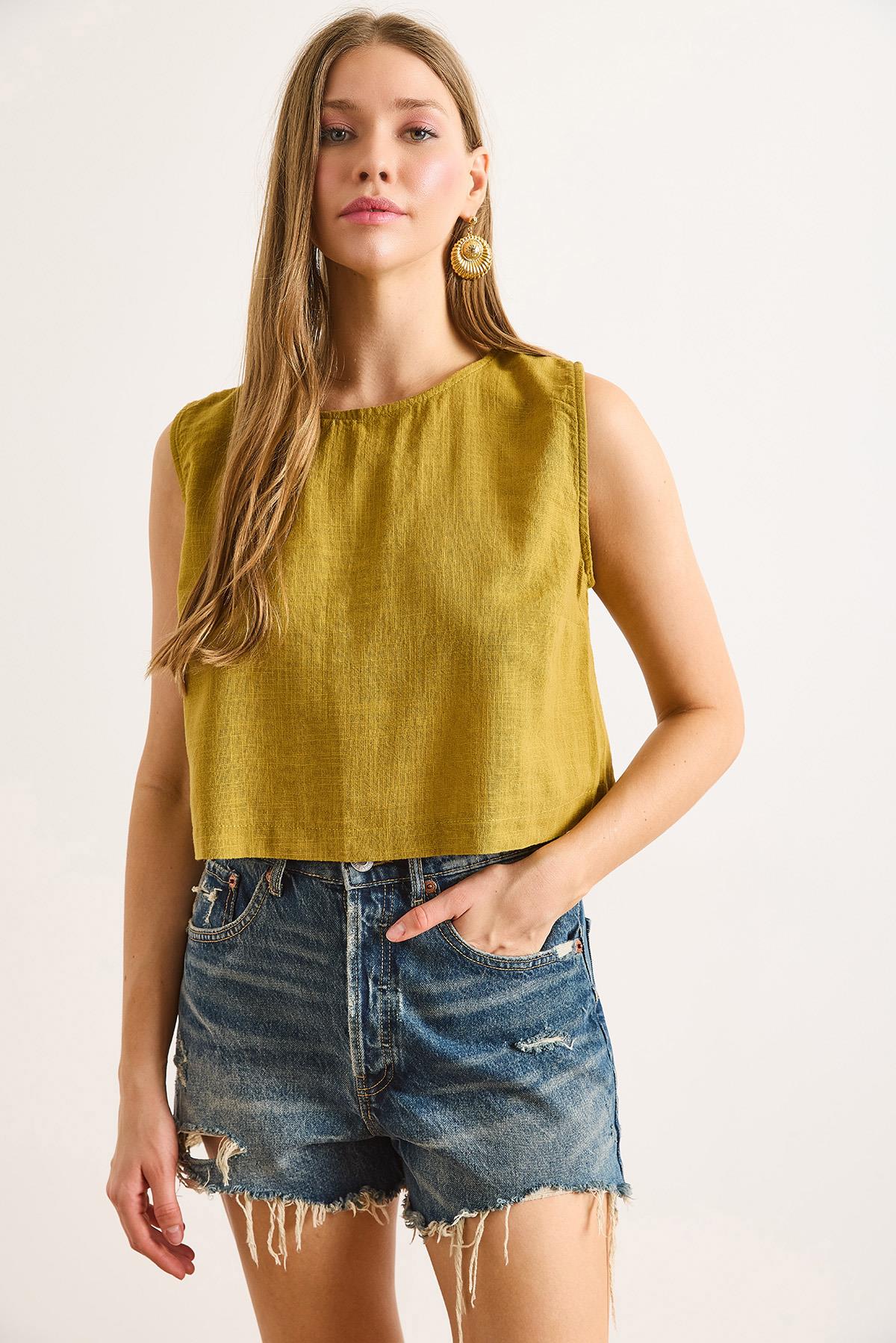 Flam Keten Crop Bluz Yağ Yeşili