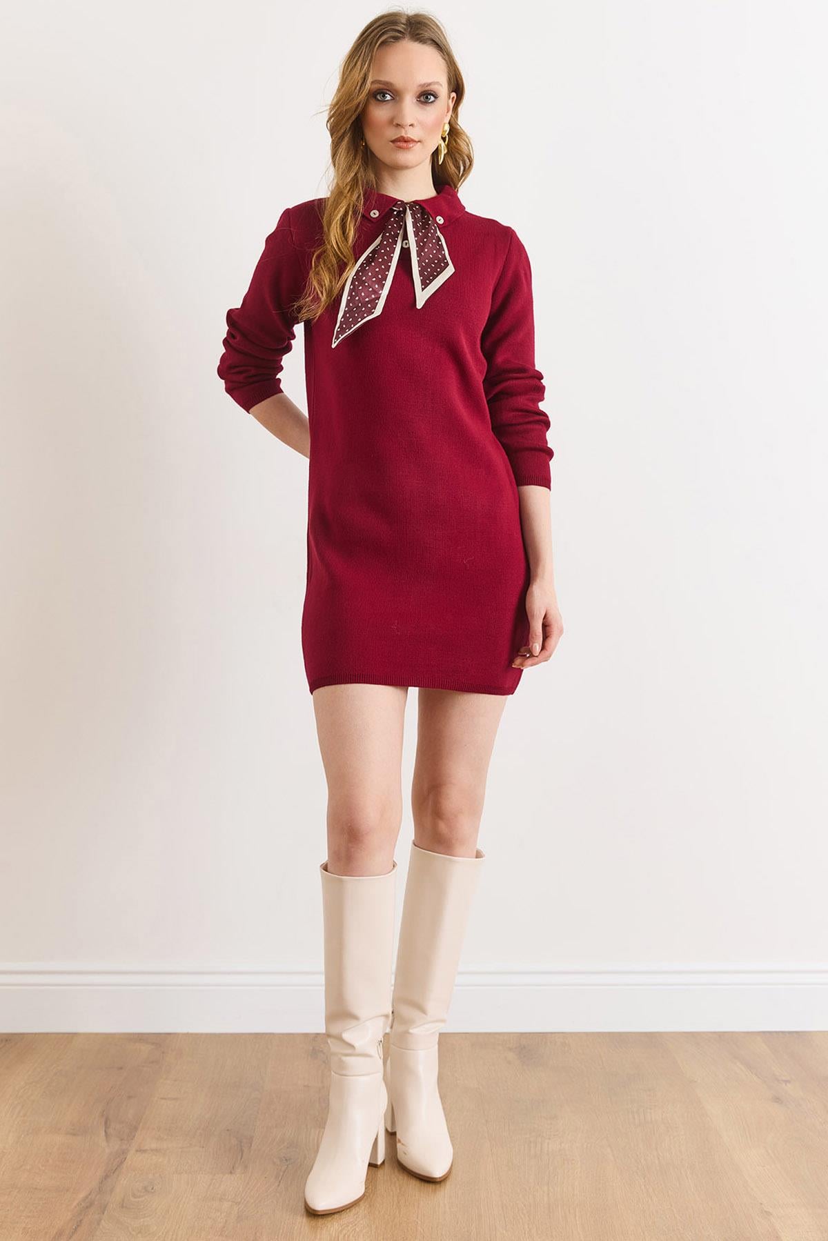 Fular Detaylı Polo Yaka Mini Triko Elbise Bordo