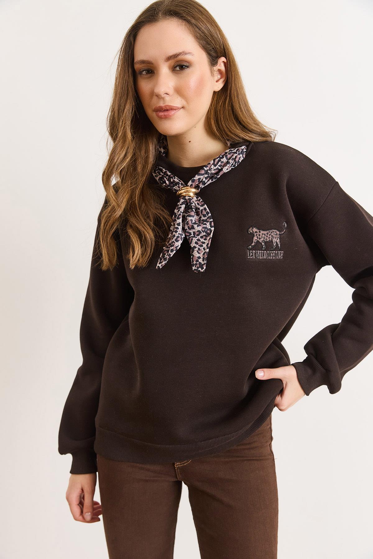 Fular Detaylı Şardonlu Sweatshirt Acı Kahve