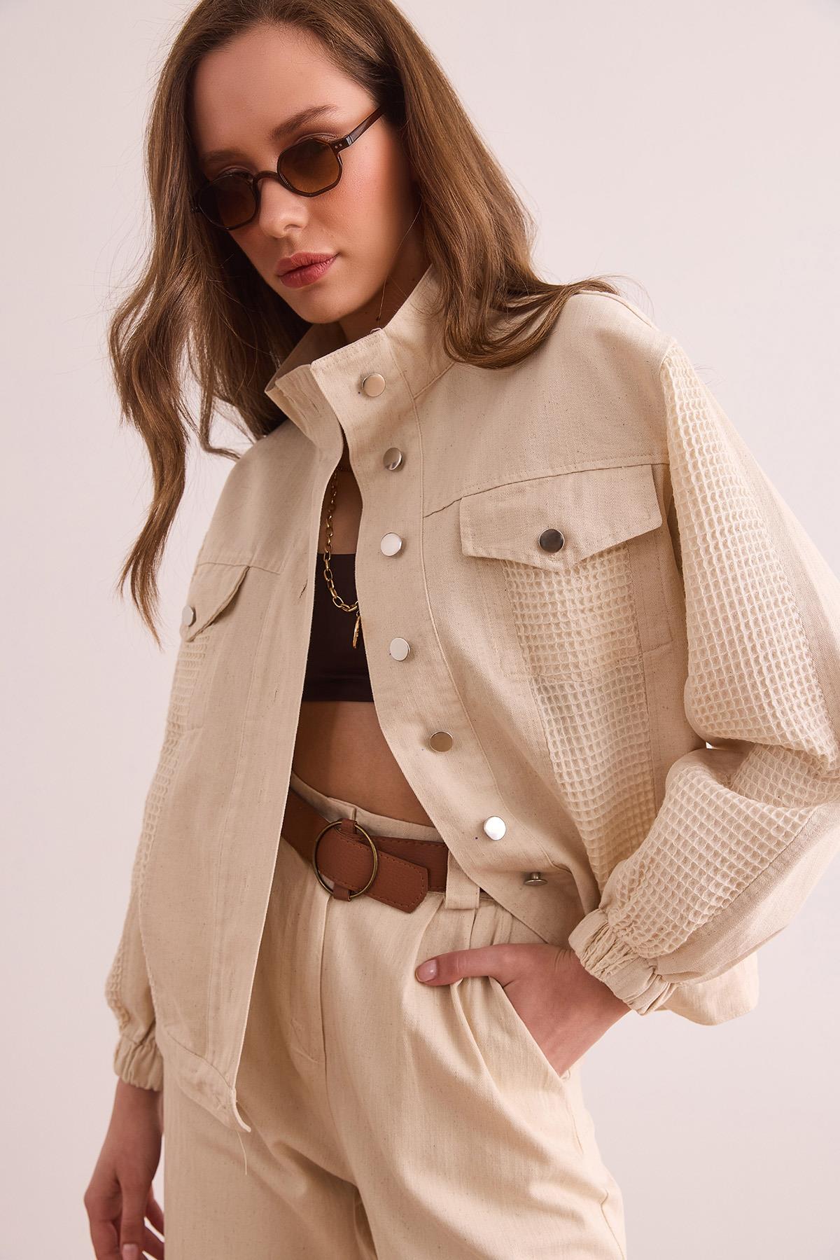 Garnili Cepli Pamuk Gabardin Ceket Ekru