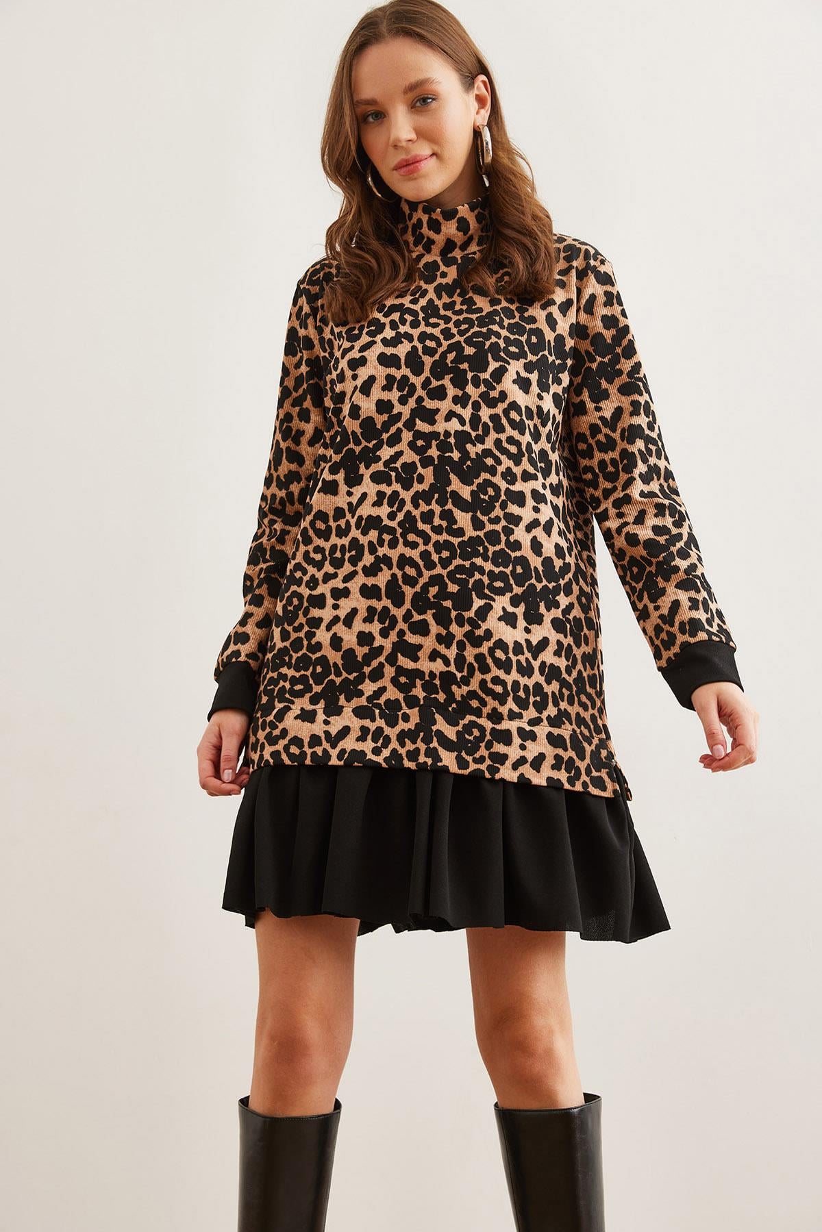 Garnili Selanik Elbise Leopar Siyah