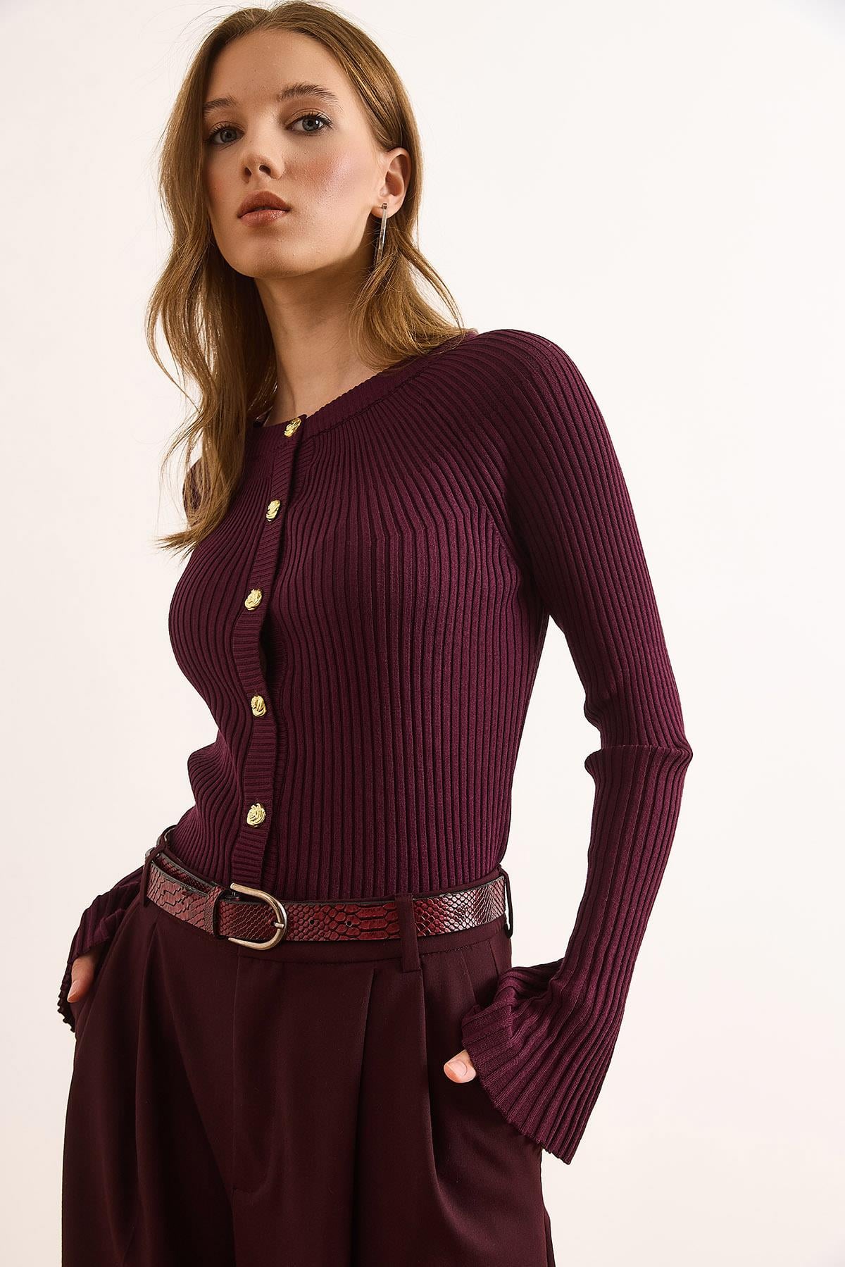 Gold Düğmeli İspanyol Kol Fitilli Hırka Mürdüm