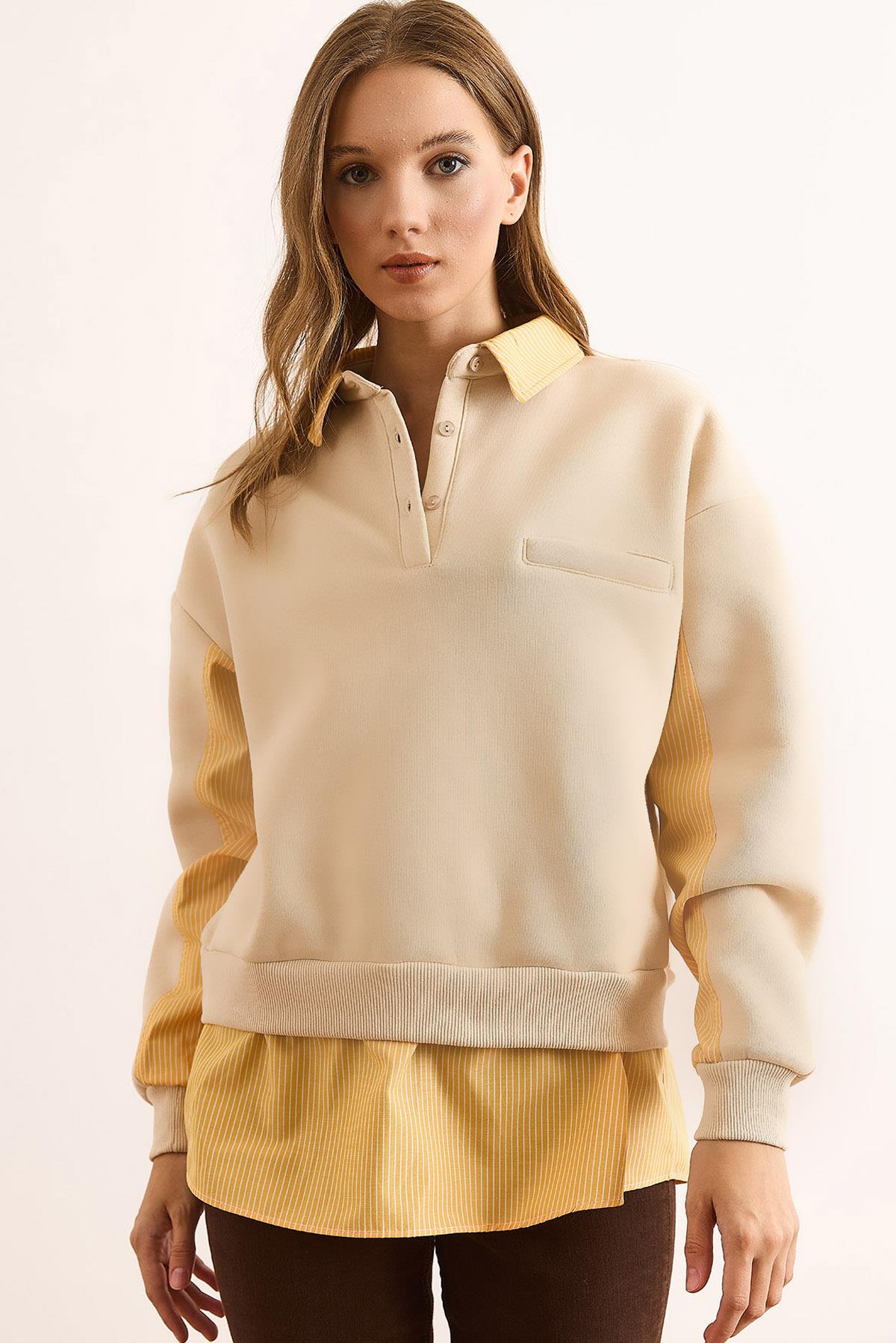 Gömlek Yaka Garnili Şardonlu Kalın Sweatshirt Bej