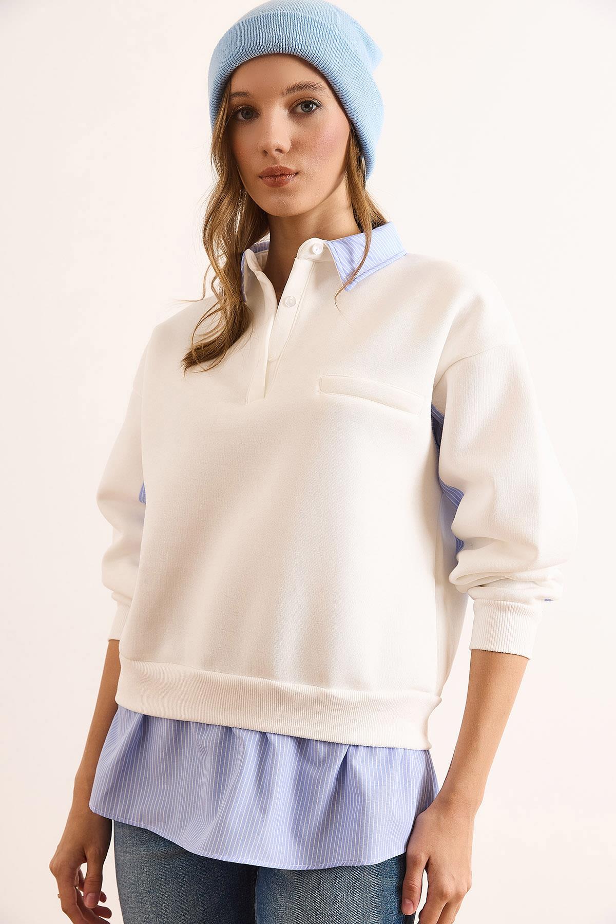 Gömlek Yaka Garnili Şardonlu Kalın Sweatshirt Beyaz