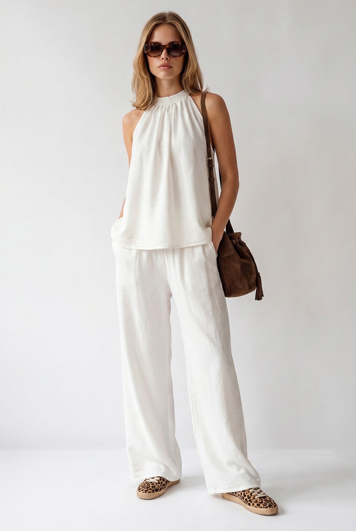 Halter Yaka Bluz Cepli Pantolon Takım Beyaz