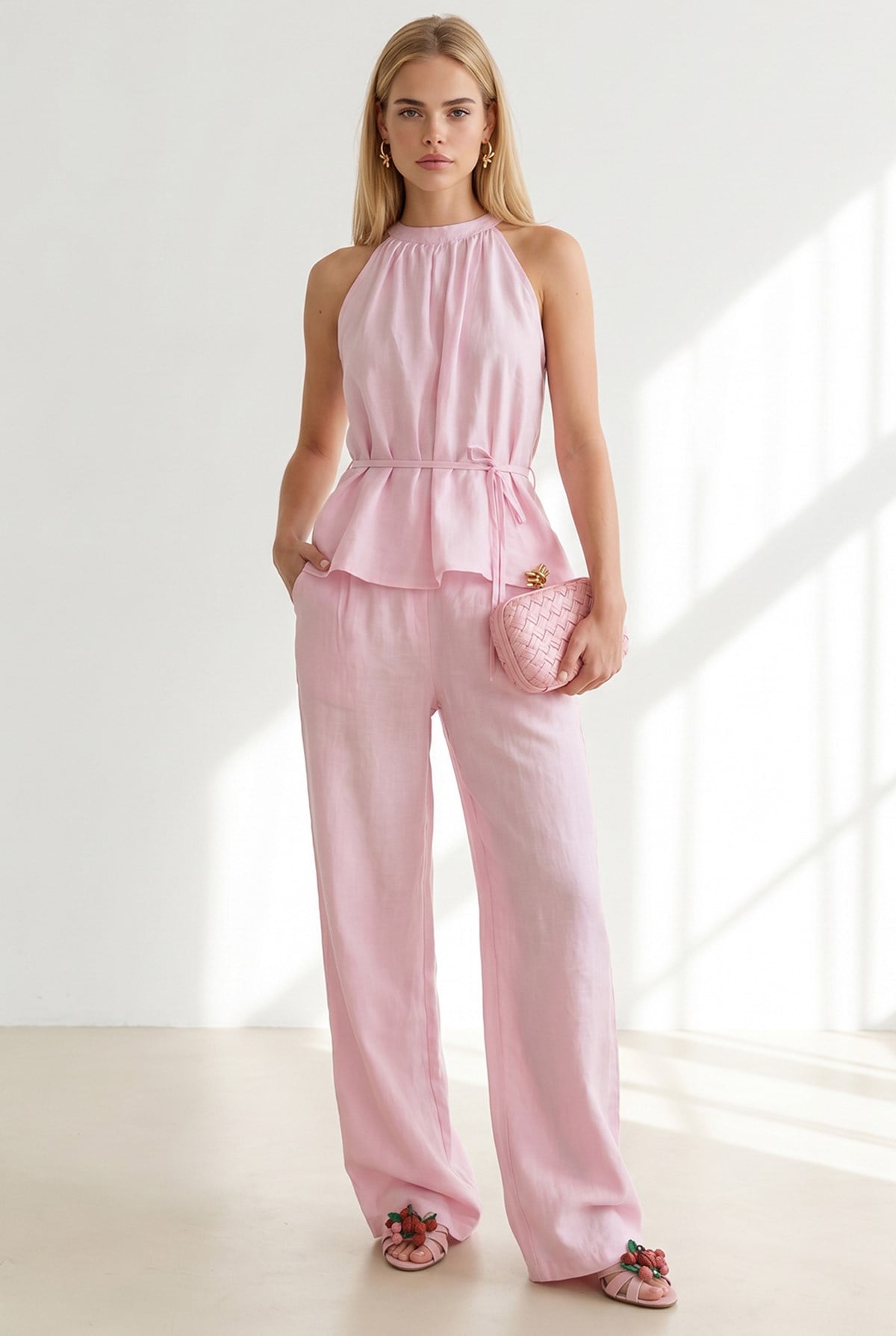 Halter Yaka Bluz Cepli Pantolon Takım Pembe