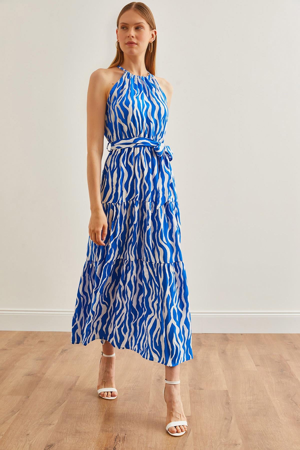 Halter Yaka Kuşaklı Dokuma Viscon Elbise Zebra Saks Mavi