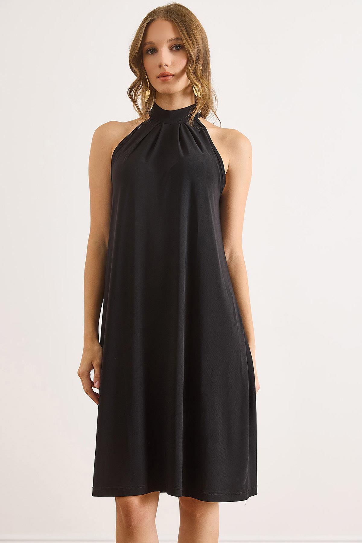 Halter Yaka Mini Dökümlü Elbise Siyah