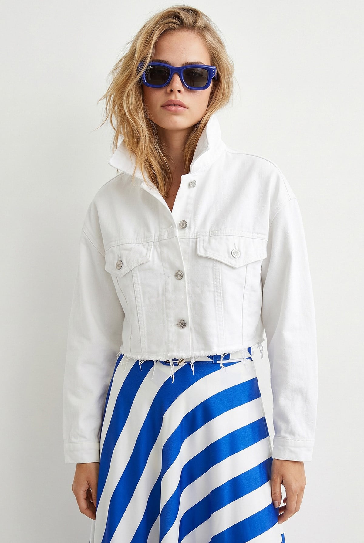 Ham Kesim Crop Denim Ceket Beyaz