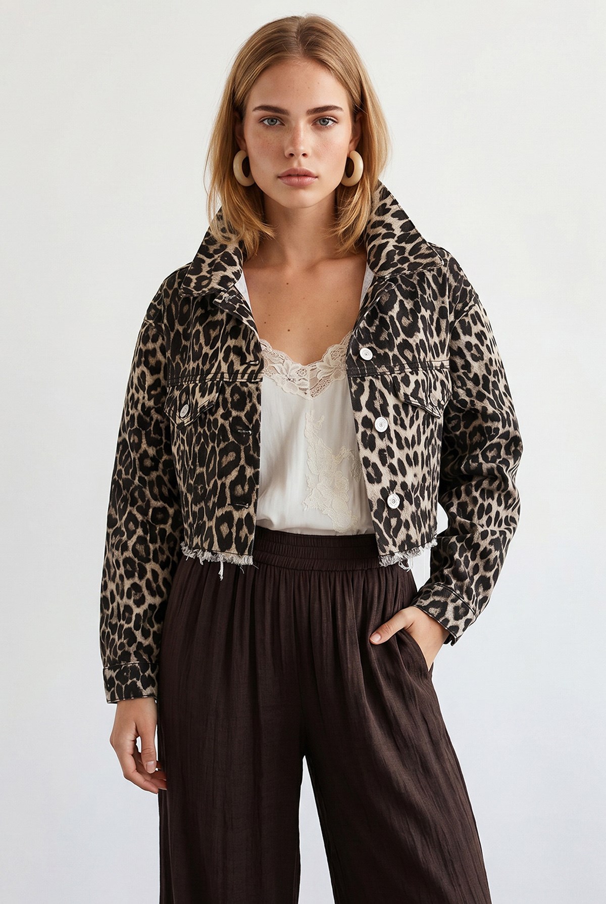 Ham Kesim Crop Denim Ceket Leopar Taş