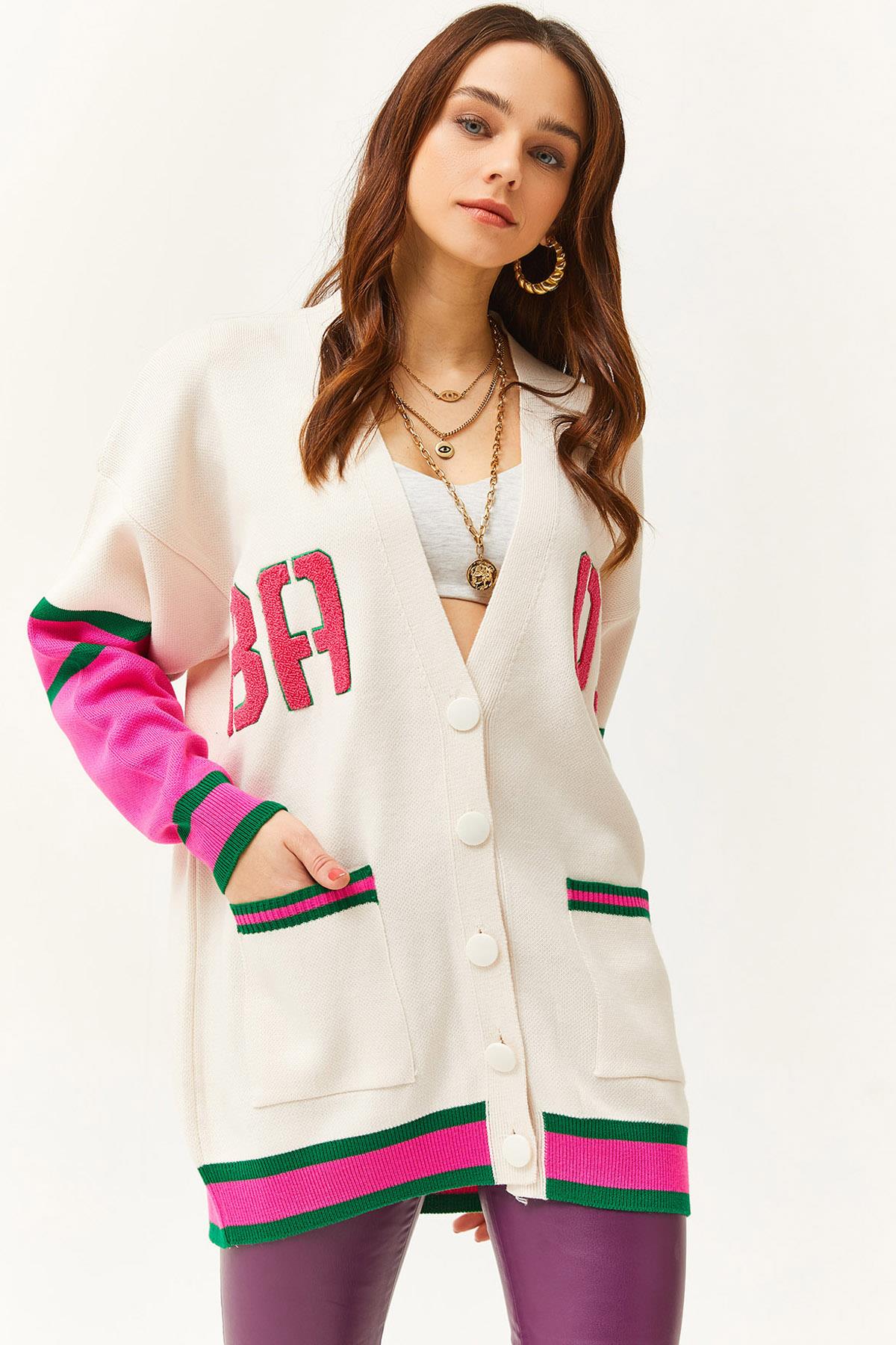 Harf Detaylı Cepli Oversize Triko Hırka Fuşya