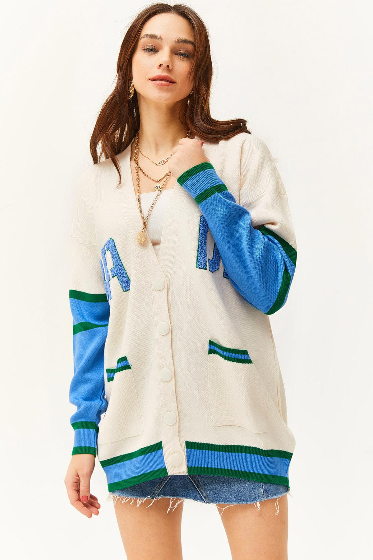 Harf Detaylı Cepli Oversize Triko Hırka Mavi