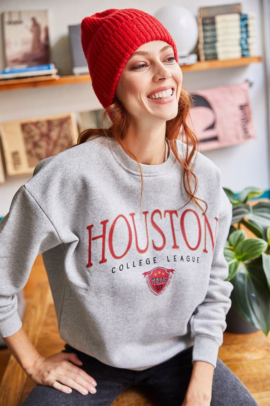 Houston Baskılı Şardonlu Sweatshirt Gri