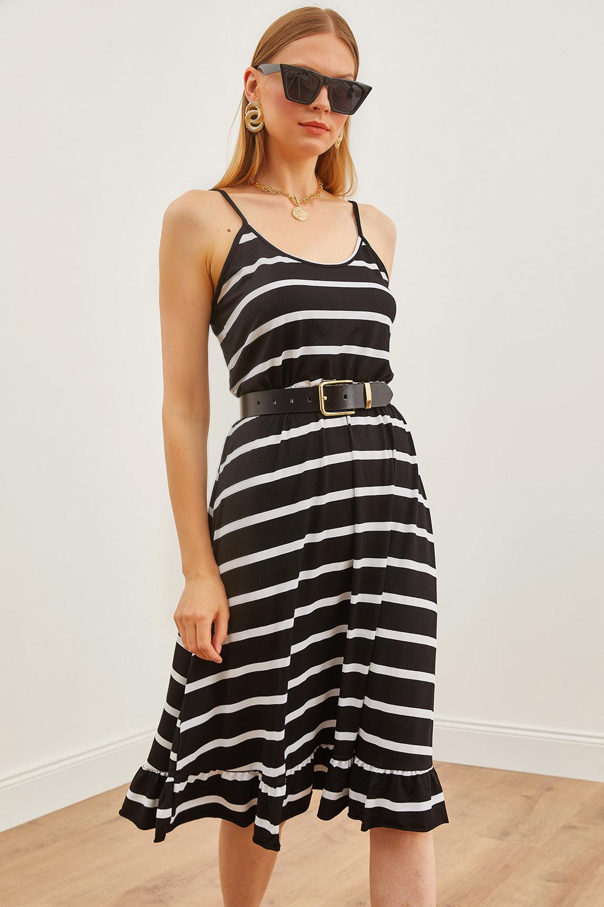 İnce Askılı Beli Lastikli Örme Viskon Elbise Siyah Çizgili