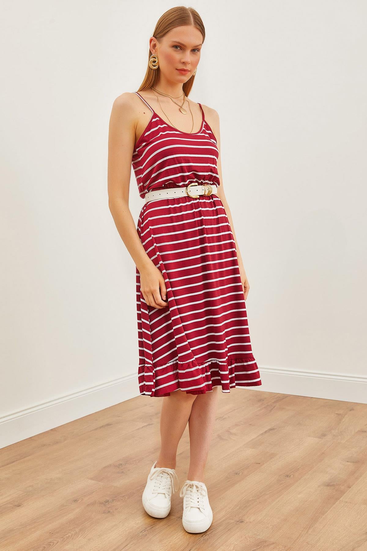 İnce Askılı Beli Lastikli Örme Viskon Elbise Bordo Çizgili
