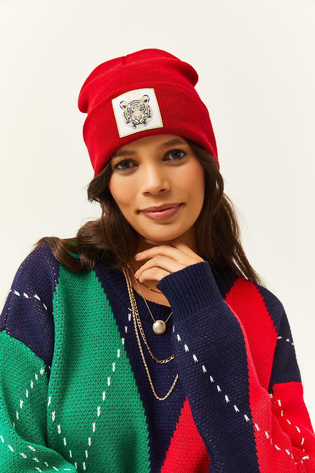 Kaplan Nakışlı Triko Bere Kırmızı