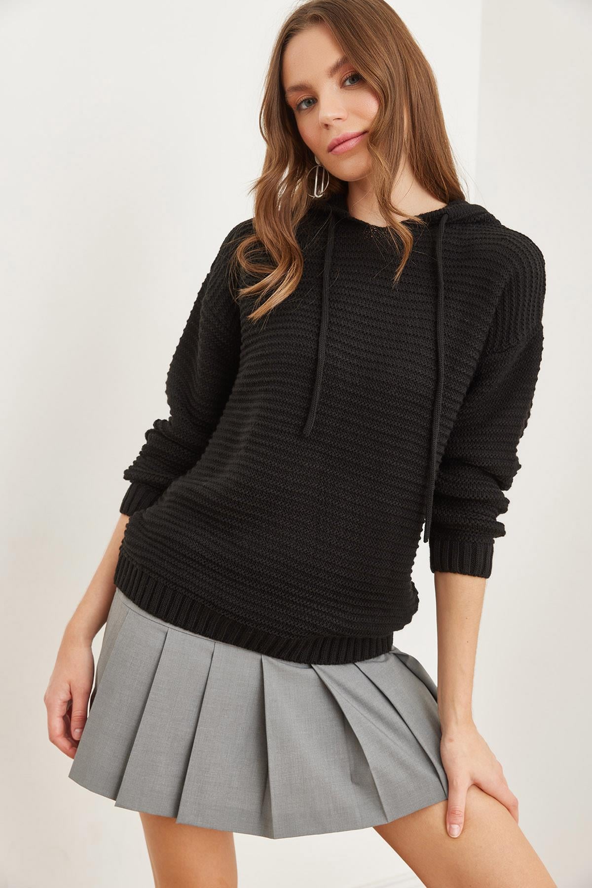 Kapşonlu Triko Kazak Siyah