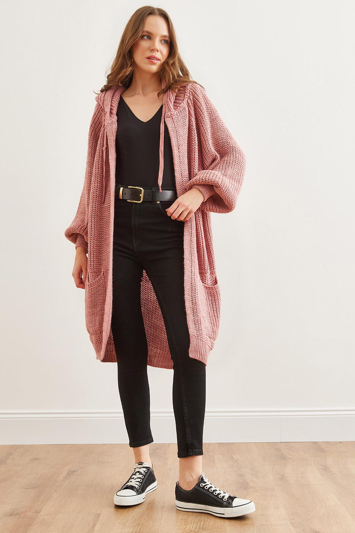 Kapüşonlu Cepli Oversize Kalın Yumuşak Dokulu Triko Hırka Gül Kurusu