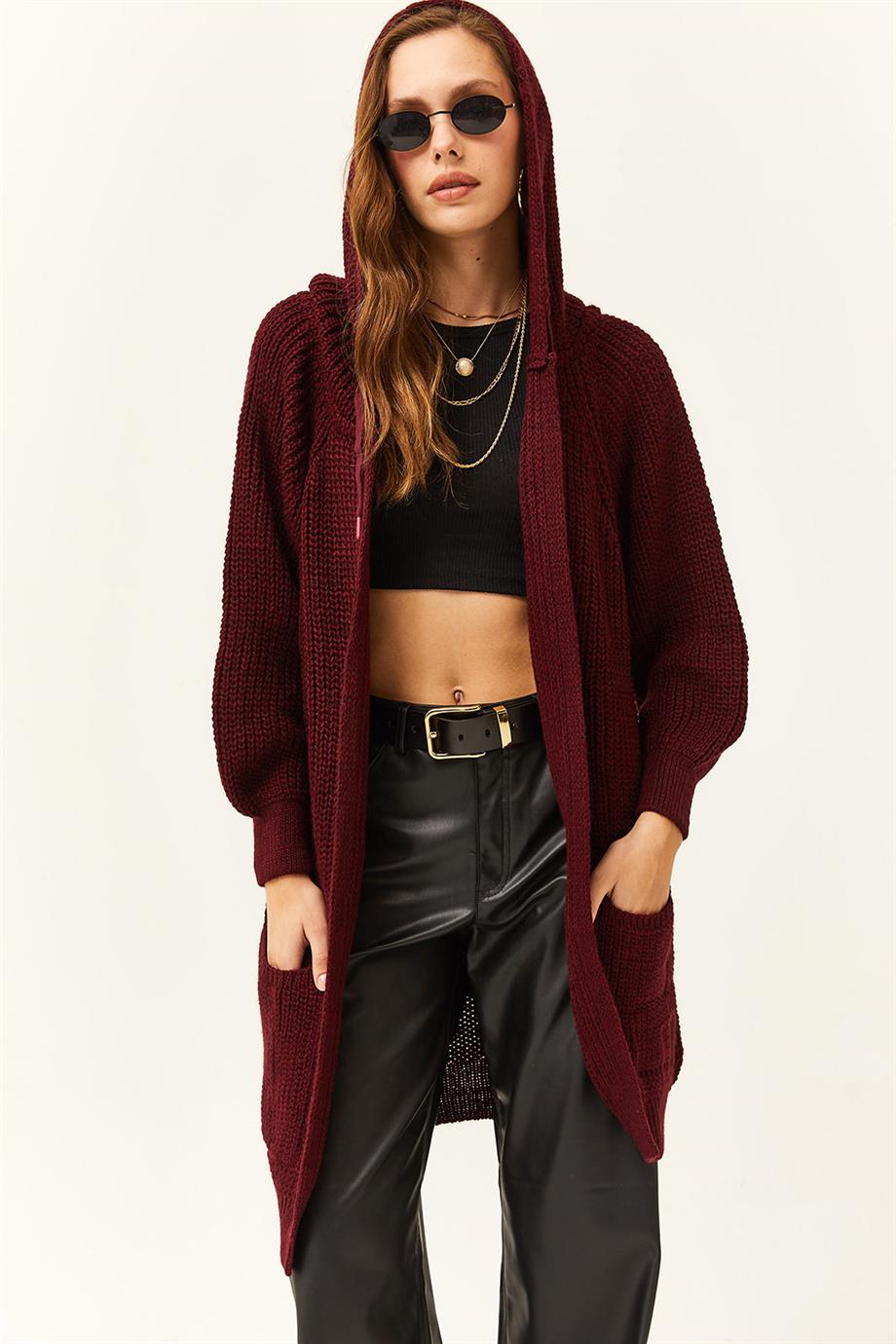 Kapüşonlu Cepli Oversize Kalın Yumuşak Dokulu Triko Hırka Bordo