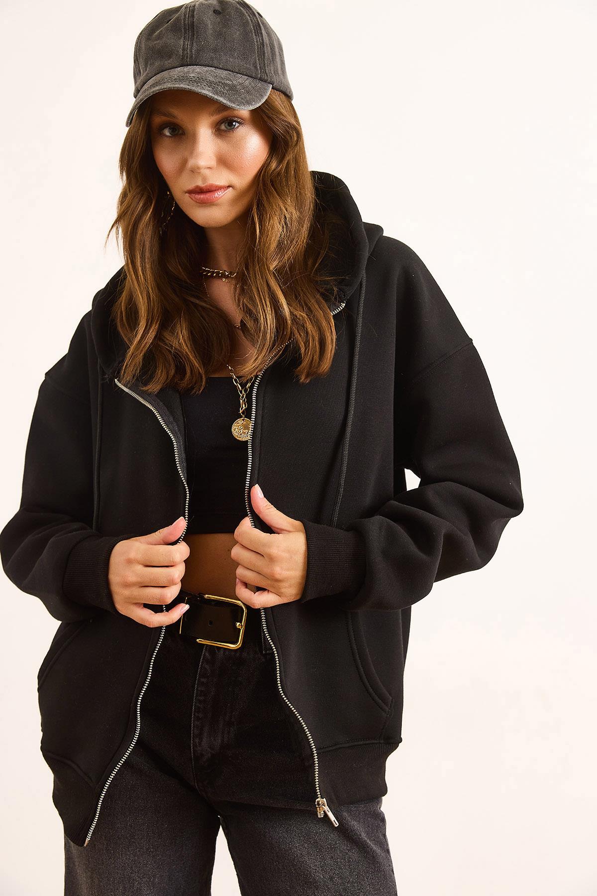 Kapüşonlu Fermuarlı Oversize Şardonlu Sweatshirt Siyah