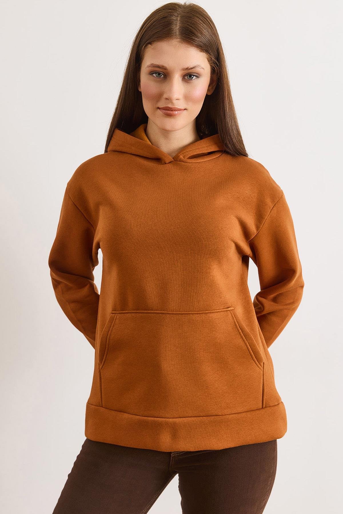 Kapüşonlu Kanguru Cepli Loose Fit Şardonlu Sweatshirt Taba