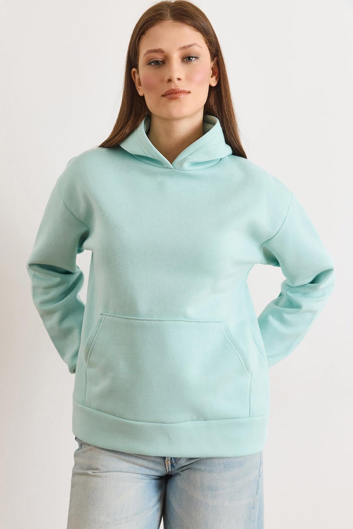 Kapüşonlu Kanguru Cepli Loose Fit Şardonlu Sweatshirt Su Yeşili