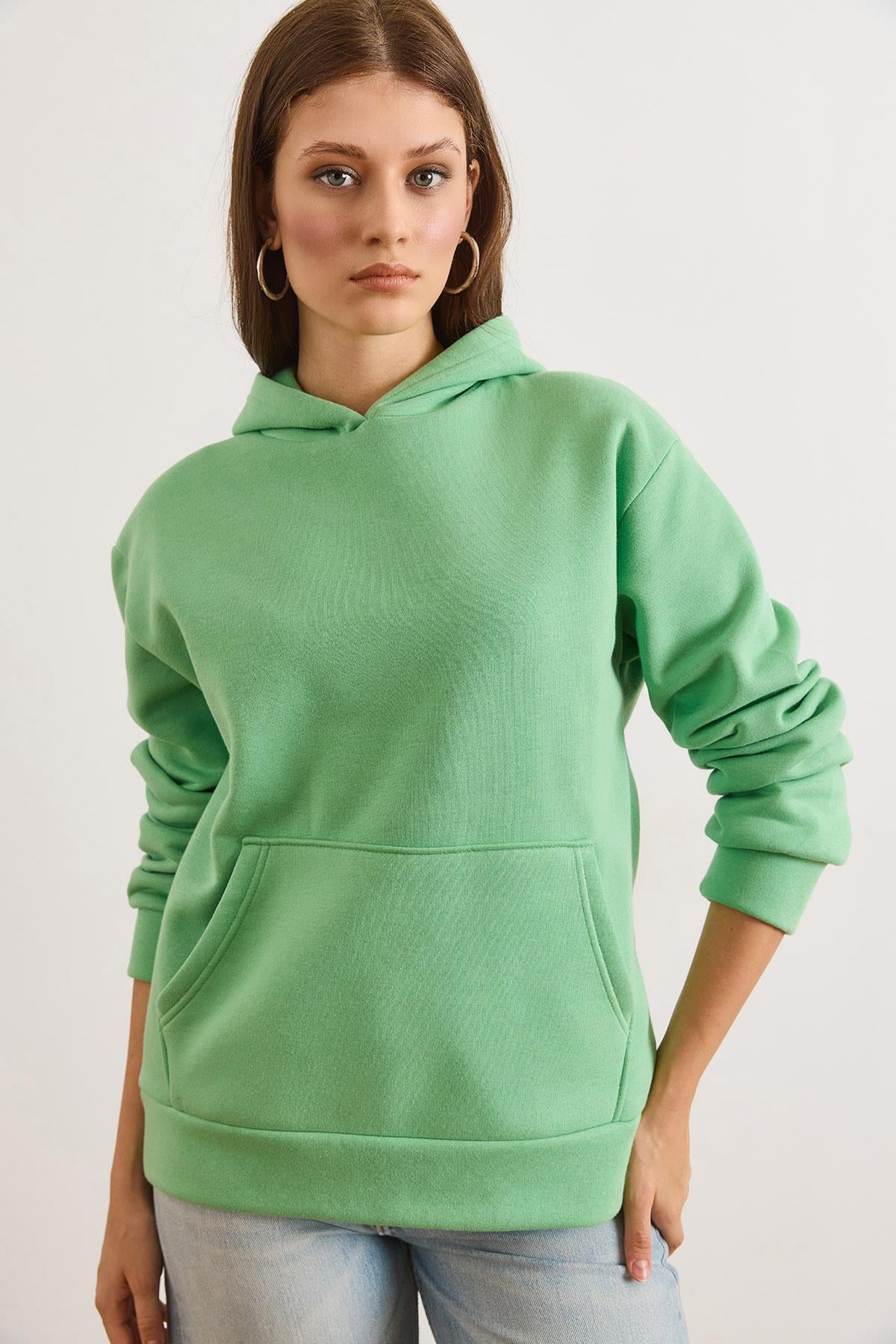 Kapüşonlu Kanguru Cepli Loose Fit Şardonlu Sweatshirt Fıstık Yeşili