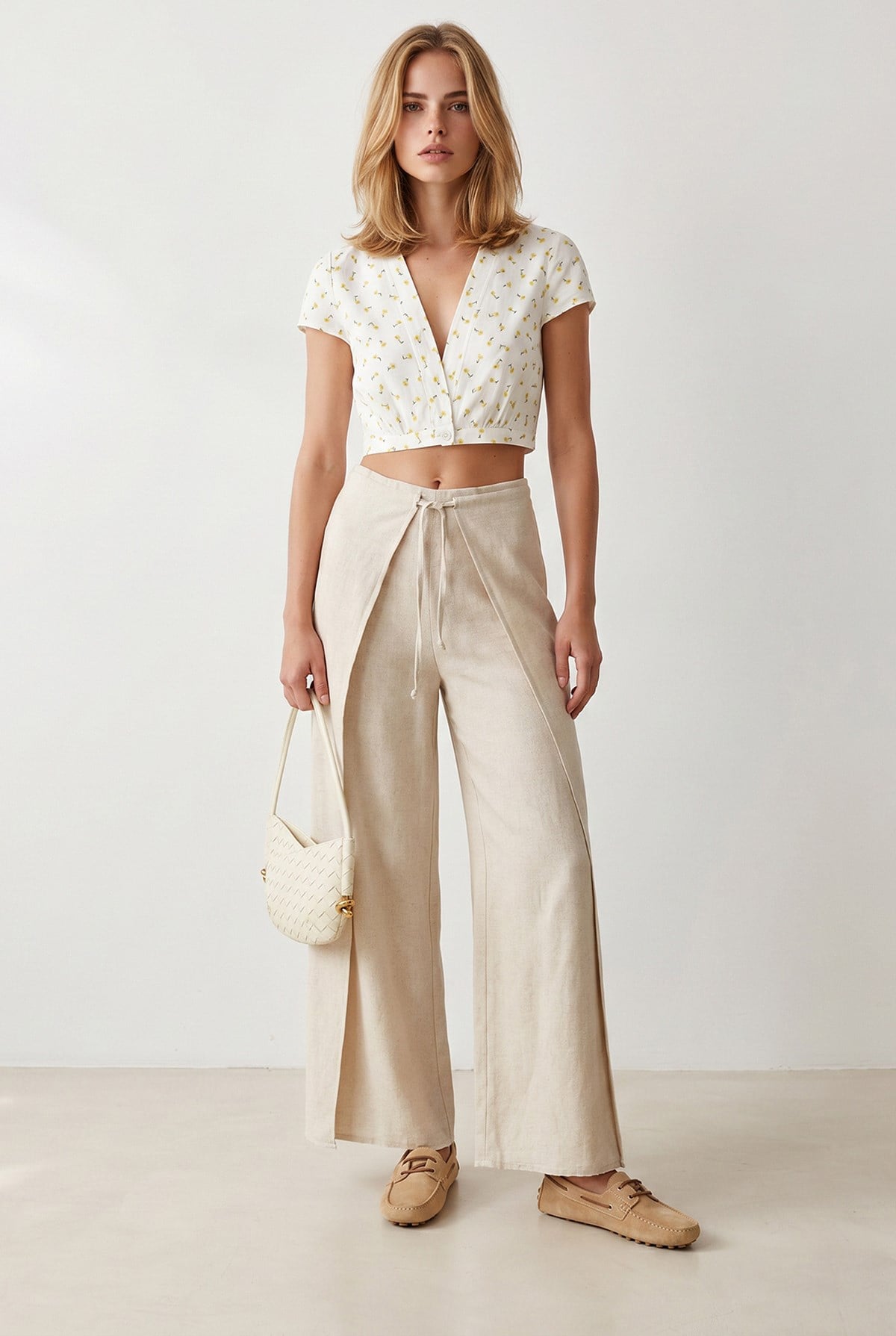 Katmanlı Bağlama Detaylı Wide Leg Keten Pantolon Taş