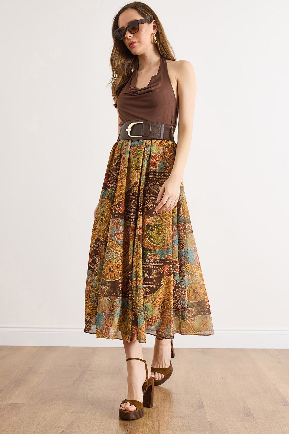 Kemerli Astarlı Maxi Tül Etek Çok Renkli