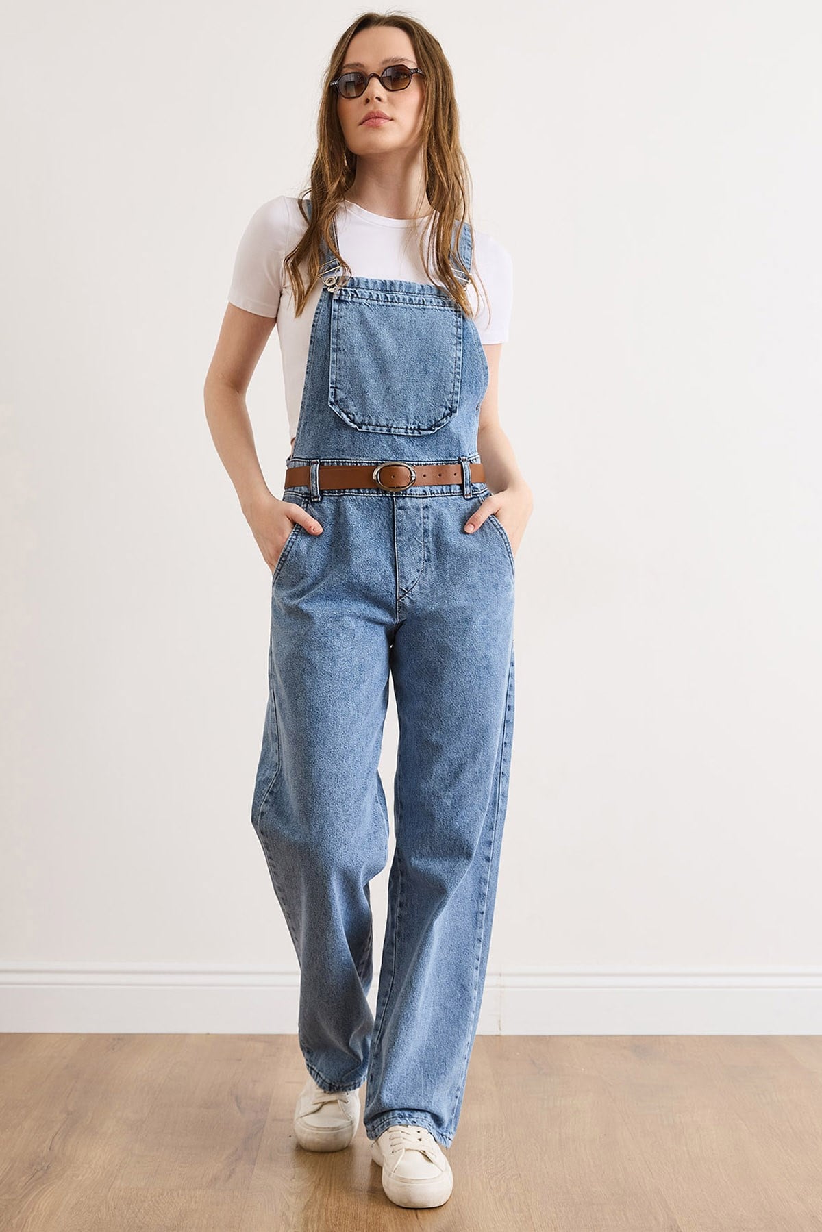 Kemerli Cepli Salopet Denim Tulum Açık Mavi