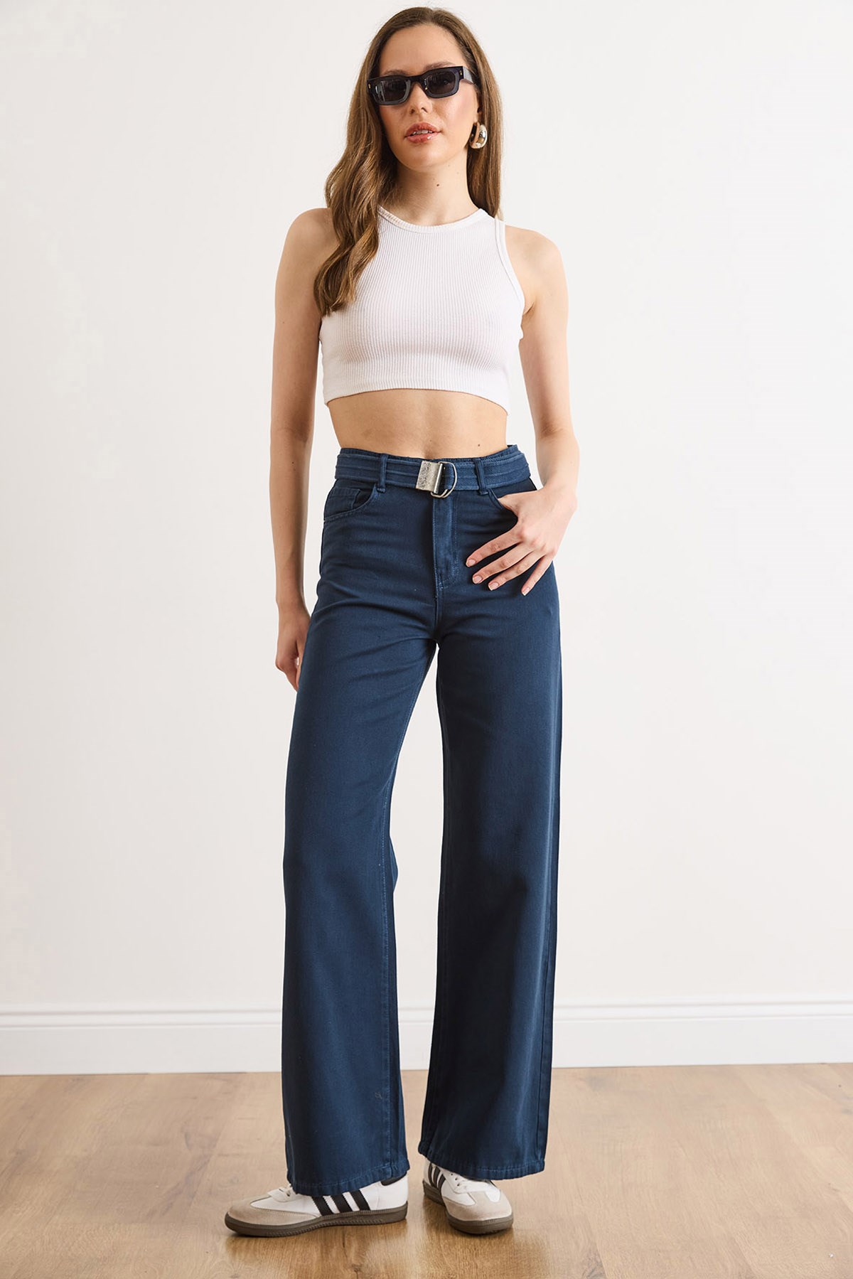 Kemerli Yıkamalı Wide Leg Gabardin Pantolon Lacivert