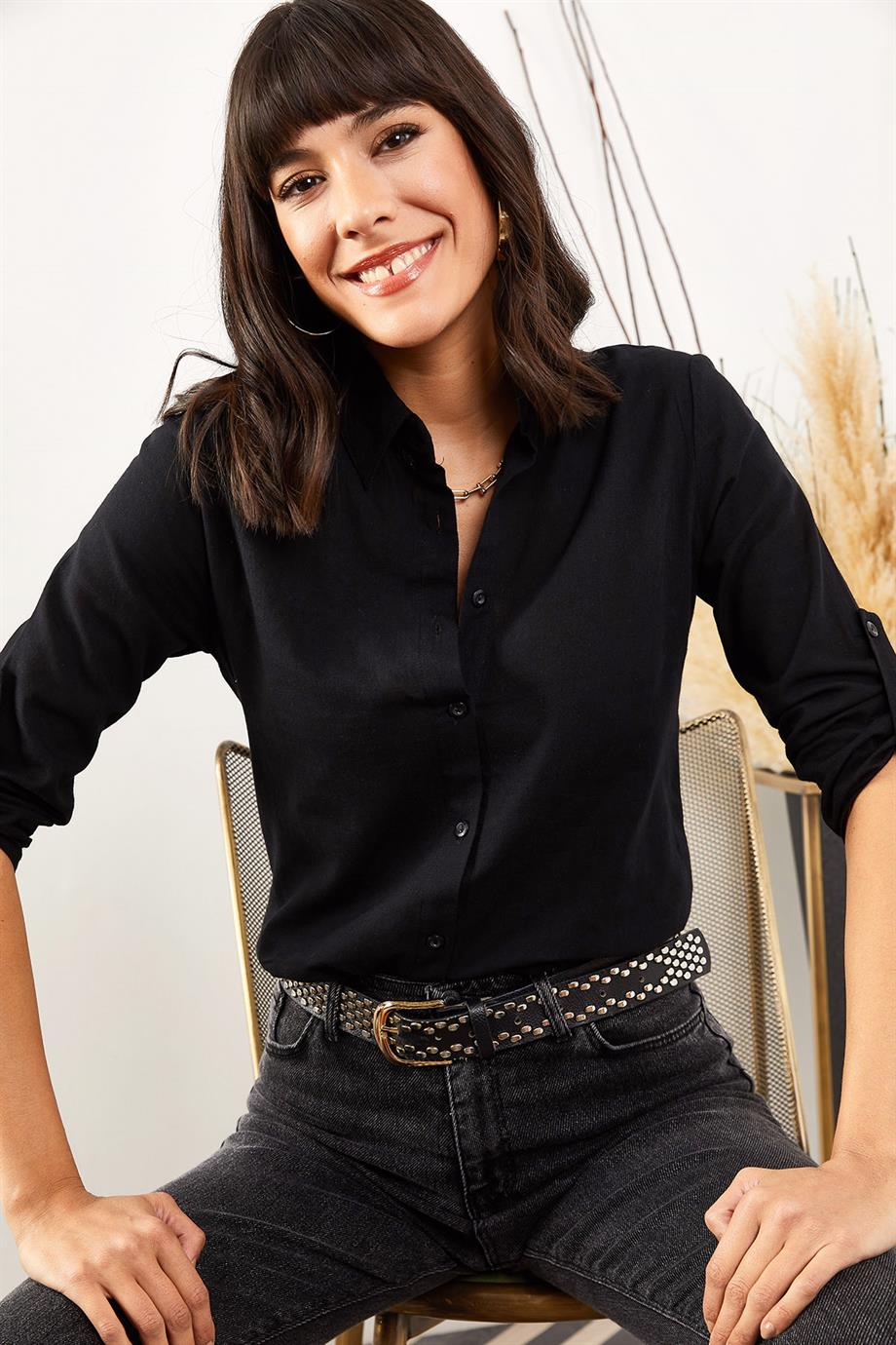 Kol Katlamalı Keten Gömlek Siyah