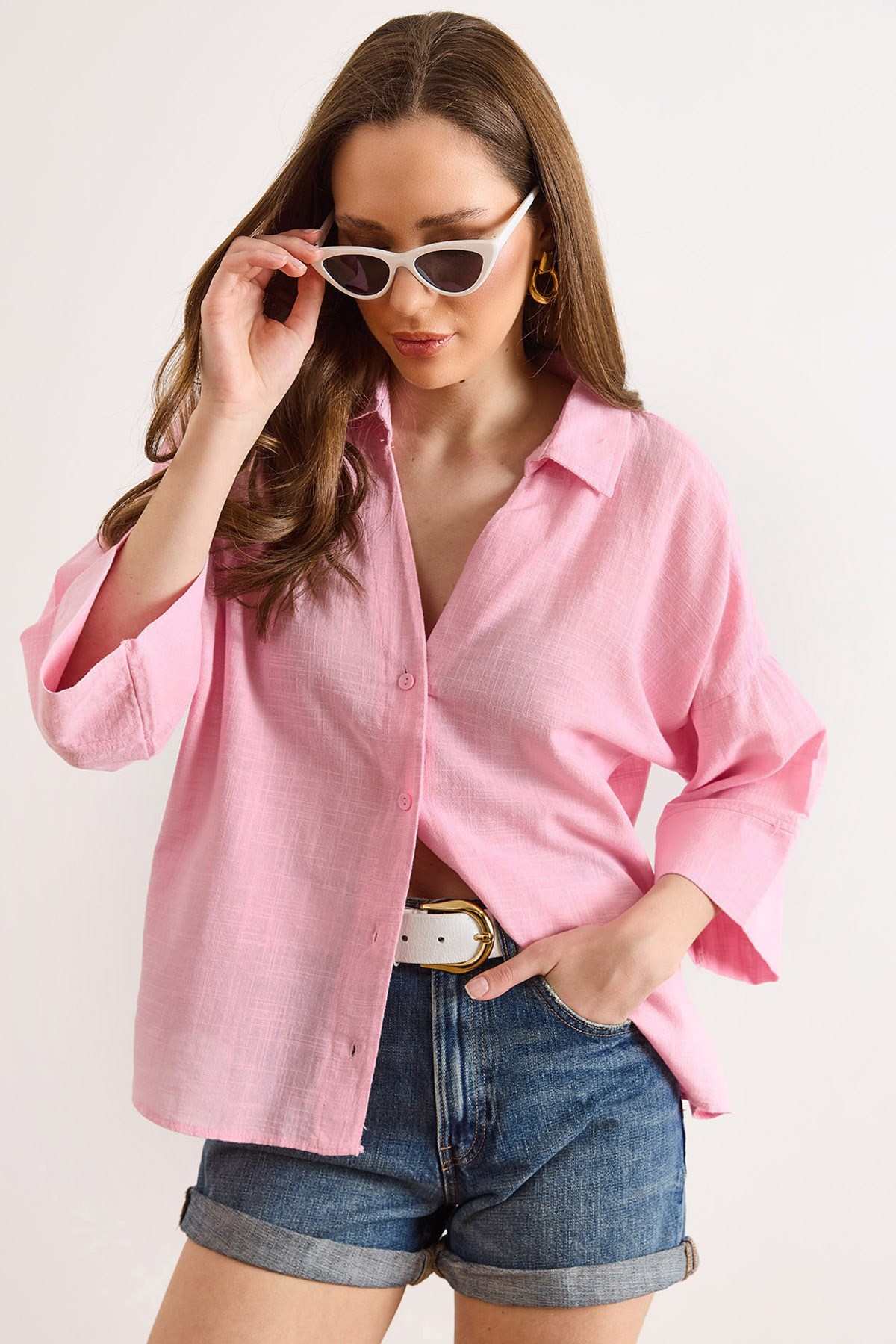 Kol Yaka Detaylı Loose Fit Flam Pamuk Gömlek Pembe